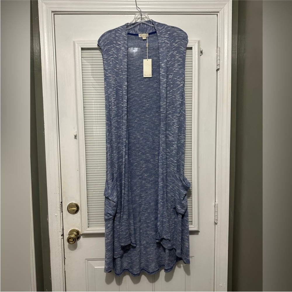 NWT Emi & Joe Womens Large Blue Ribbed Knit  Open Front Long Cardigan